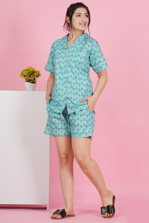 Parachute Adventure: Half Sleeve Shorts Cotton Night Wear Set