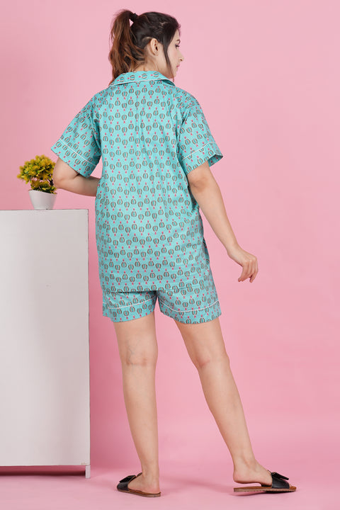 Parachute Adventure: Half Sleeve Shorts Cotton Night Wear Set