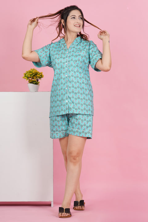 Parachute Adventure: Half Sleeve Shorts Cotton Night Wear Set