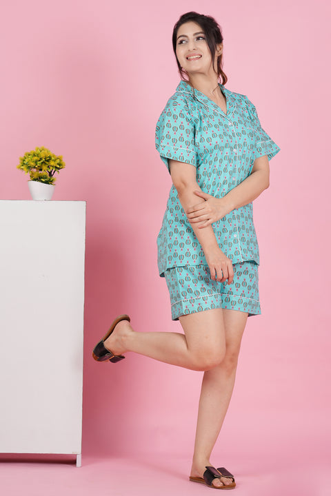 Parachute Adventure: Half Sleeve Shorts Cotton Night Wear Set