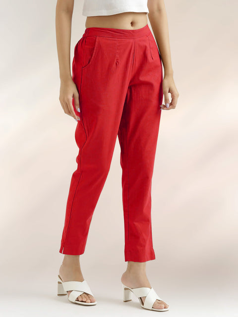 Women's Red Cotton Trouser Pant