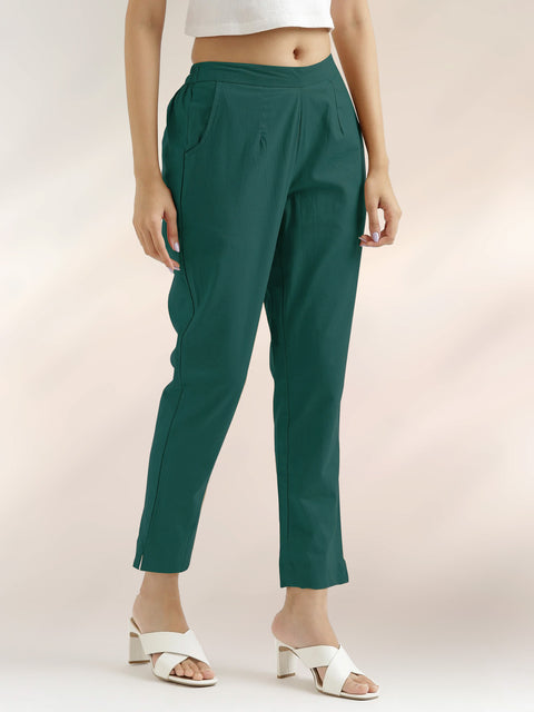 Women's Bottle Green Cotton Trouser Pant