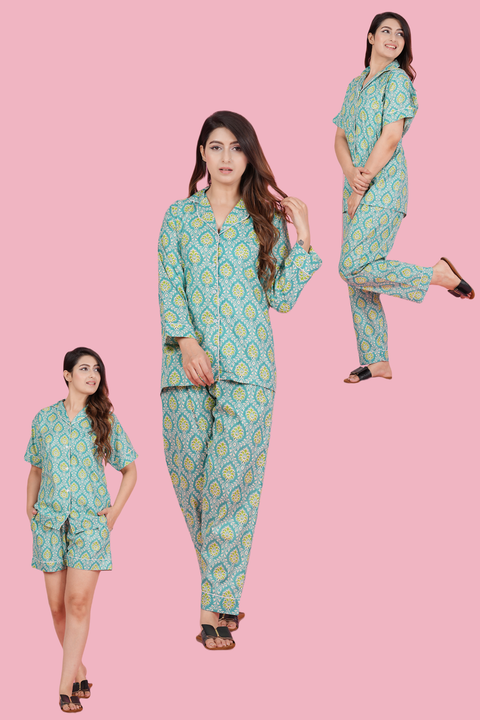 Aqua Green Floral Print Combo Night Wear