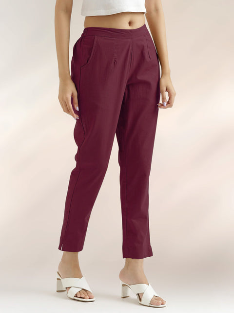 Women's Wine Cotton Trouser Pant