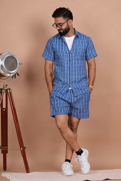 Charming Blue and White Stripe Print Katha Thread Work Co-ords Set