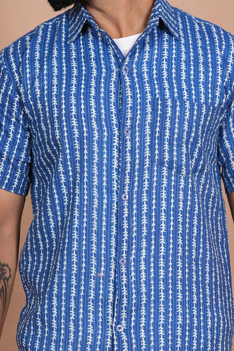 Charming Blue and White Stripe Print Katha Thread Work Shirt