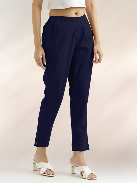 Women's Navy Blue Cotton Trouser Pant