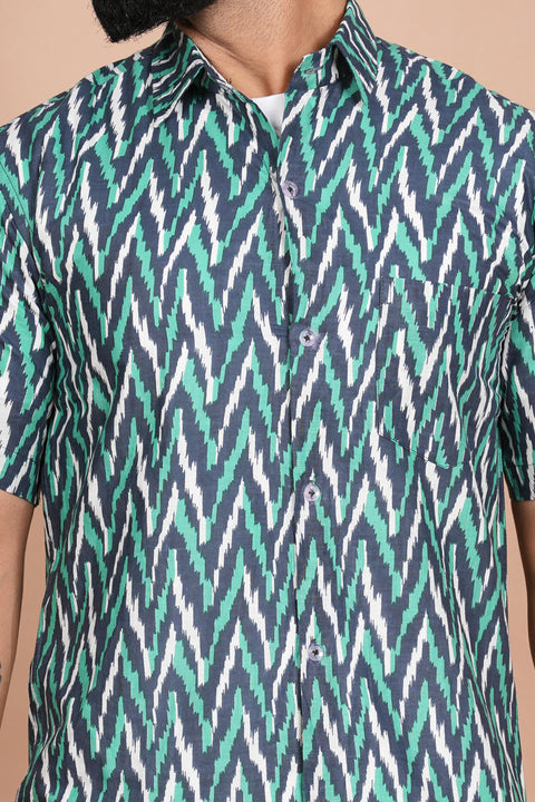 Stylish Zigzag Green, Blue, and White Print Shirt