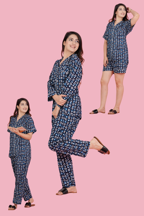 Stunning Geometric Print Blue Combo Night Wear