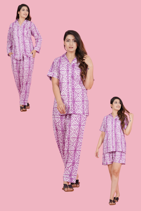 Pretty Purple Geometric Print Combo Night Wear