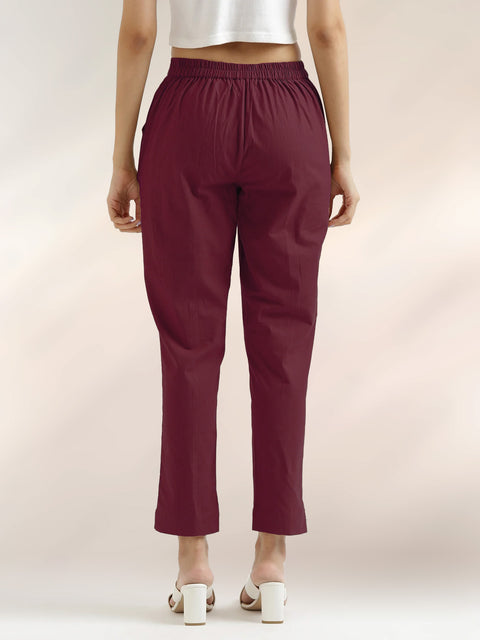 Women's Wine Cotton Trouser Pant