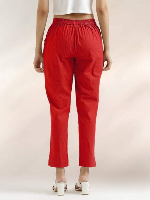 Women's Red Cotton Trouser Pant