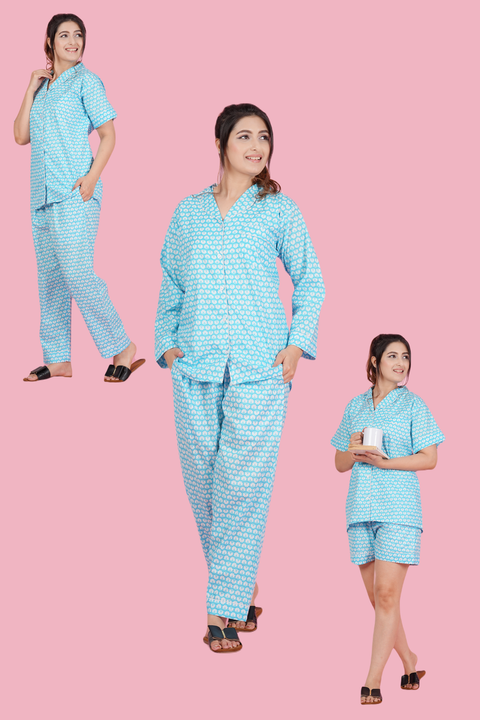 Floral Essence: Blue White Flower Print Combo Night Wear