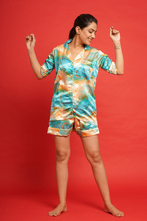 Resin Art Sea Green and Orange Half Sleeve Shorts Set