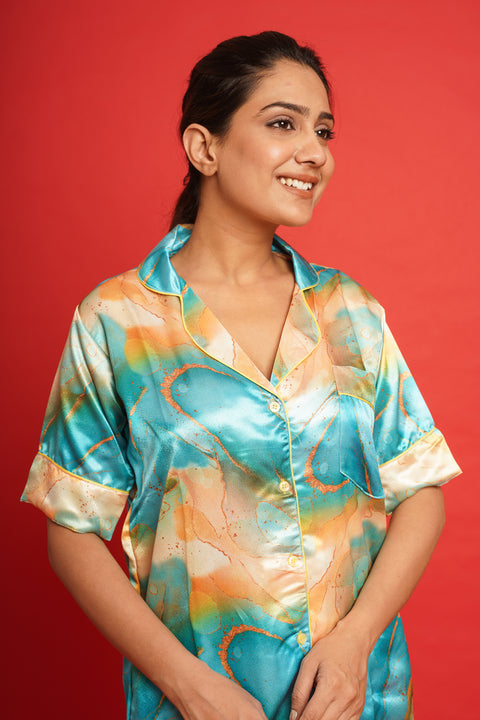 Resin Art Sea Green and Orange Half Sleeve Shorts Set