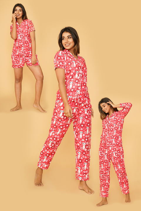Cute Cat Flower Combo Night Wear Set