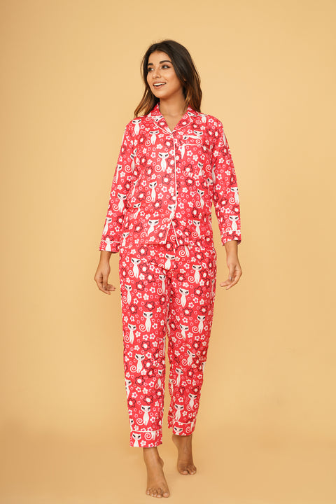 Cute Cat Flower Full Sleeve Pyjama Set