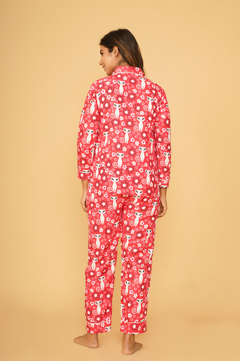 Cute Cat Flower Full Sleeve Pyjama Set