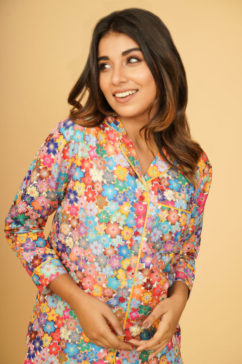 Colorful Flowers Full Sleeve Pyjama Set