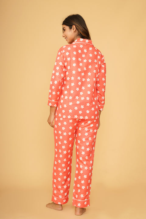 Daisy Flower Pattern Orange Full Sleeve Pyjama Rayon Blend Night Wear Set