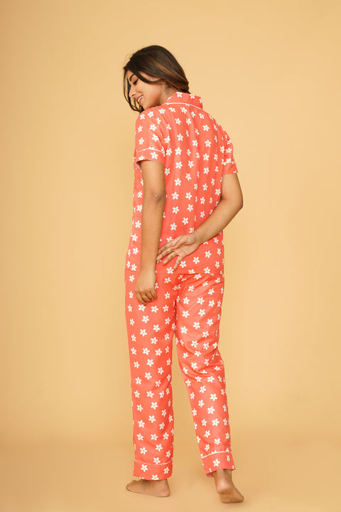 Daisy Flower Pattern Orange Combo Night Wear