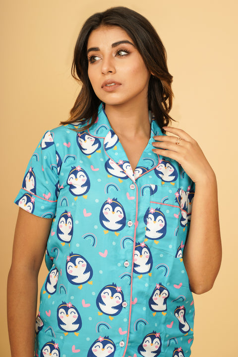 Cute Penguin Love Half Sleeve Shorts Set