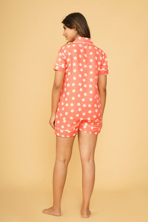 Daisy Flower Pattern Orange Half Sleeve Shorts Rayon Blend Night Wear Set